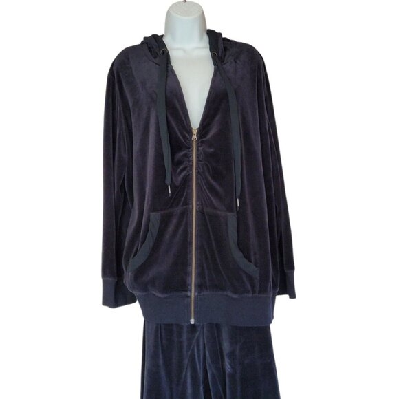 Merona Womens Track Suit 2pc Size 28W Black Velour Polyester Tie Pants Hood - Picture 2 of 16